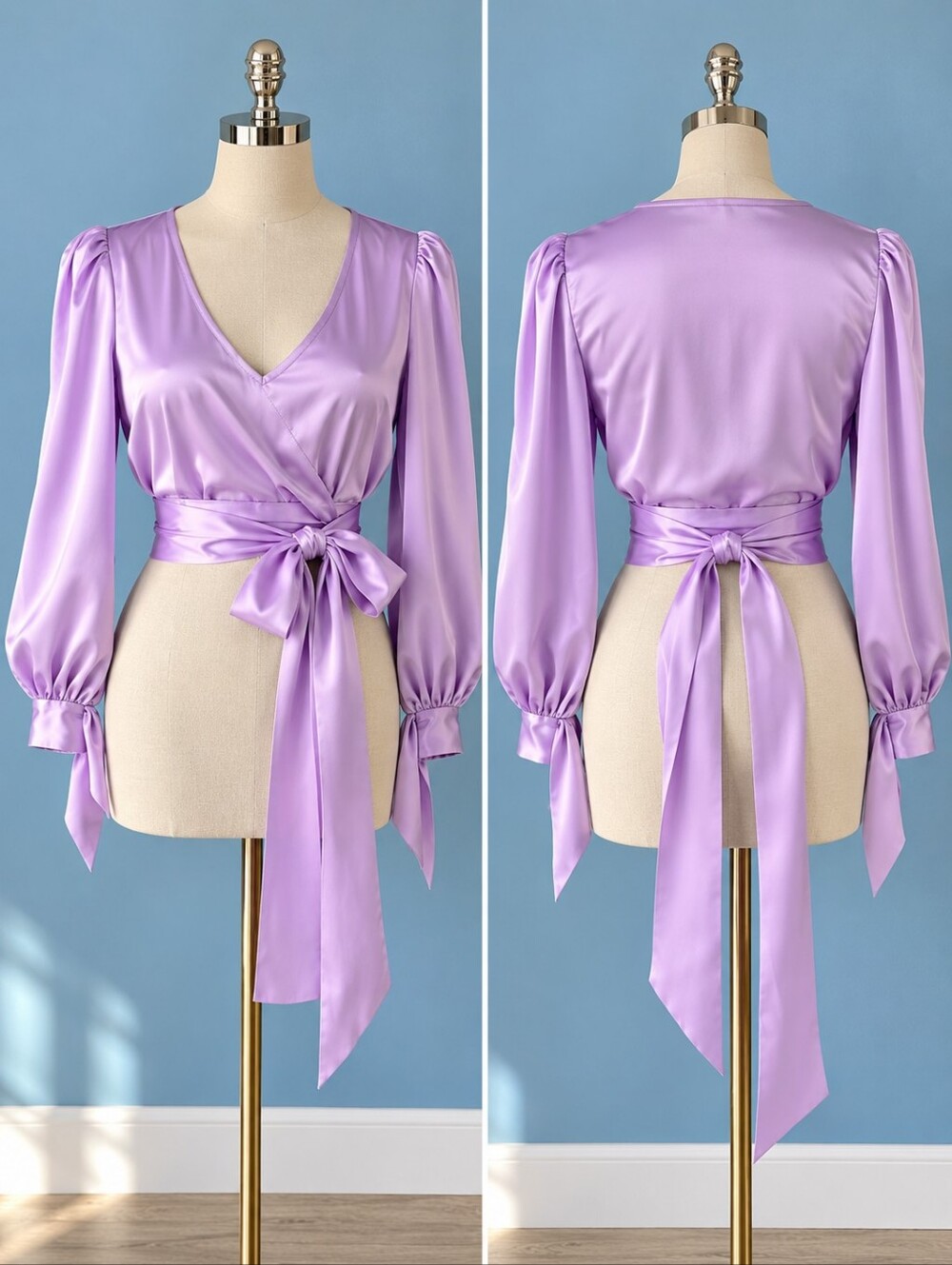 đ Lavender Satin V-Neck Wrap Tie Blouse with Balloon Sleeves â Size M